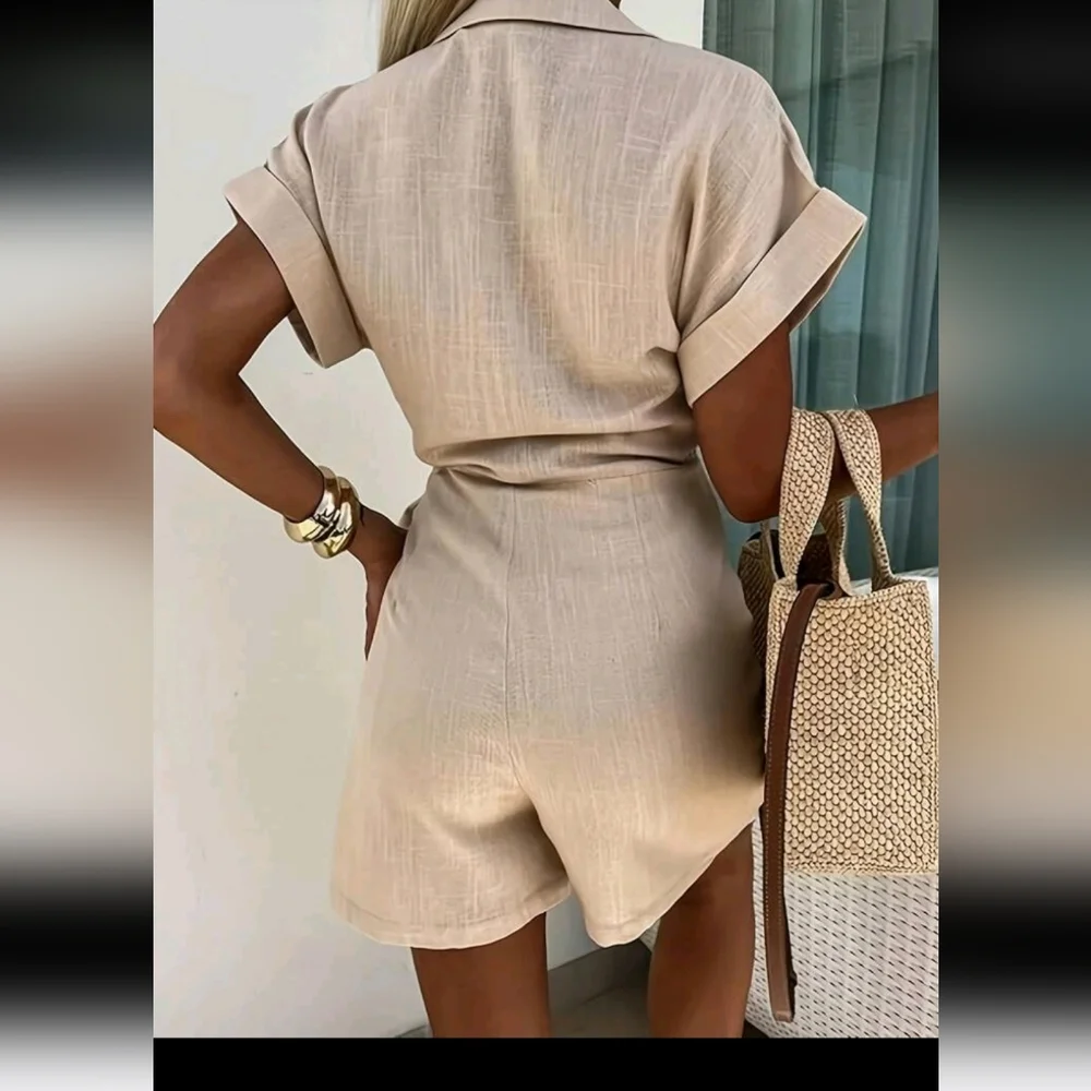 Women's Sexy V-Neck Tie-Front Short Sleeve Bodycon Jumpsuit Romper - Soli - Picture 4 of 4